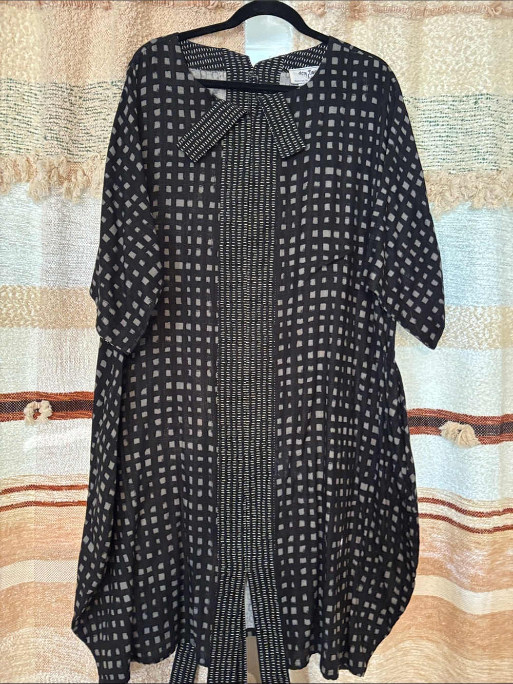Black and Cream Checked Tie-Neck Midi Dress